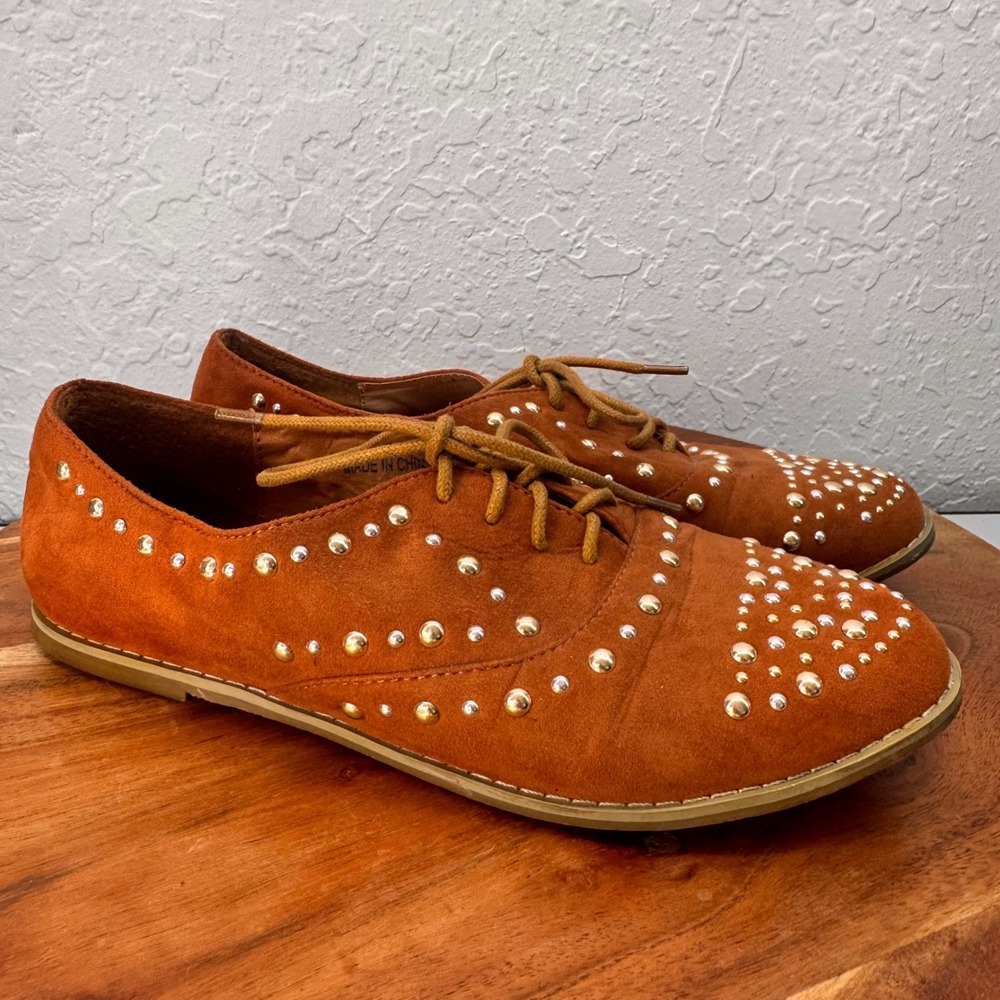 Kayleen Los Angeles Womens 7 Burnt Orange Studded Faux Suede Lace Up Oxfords